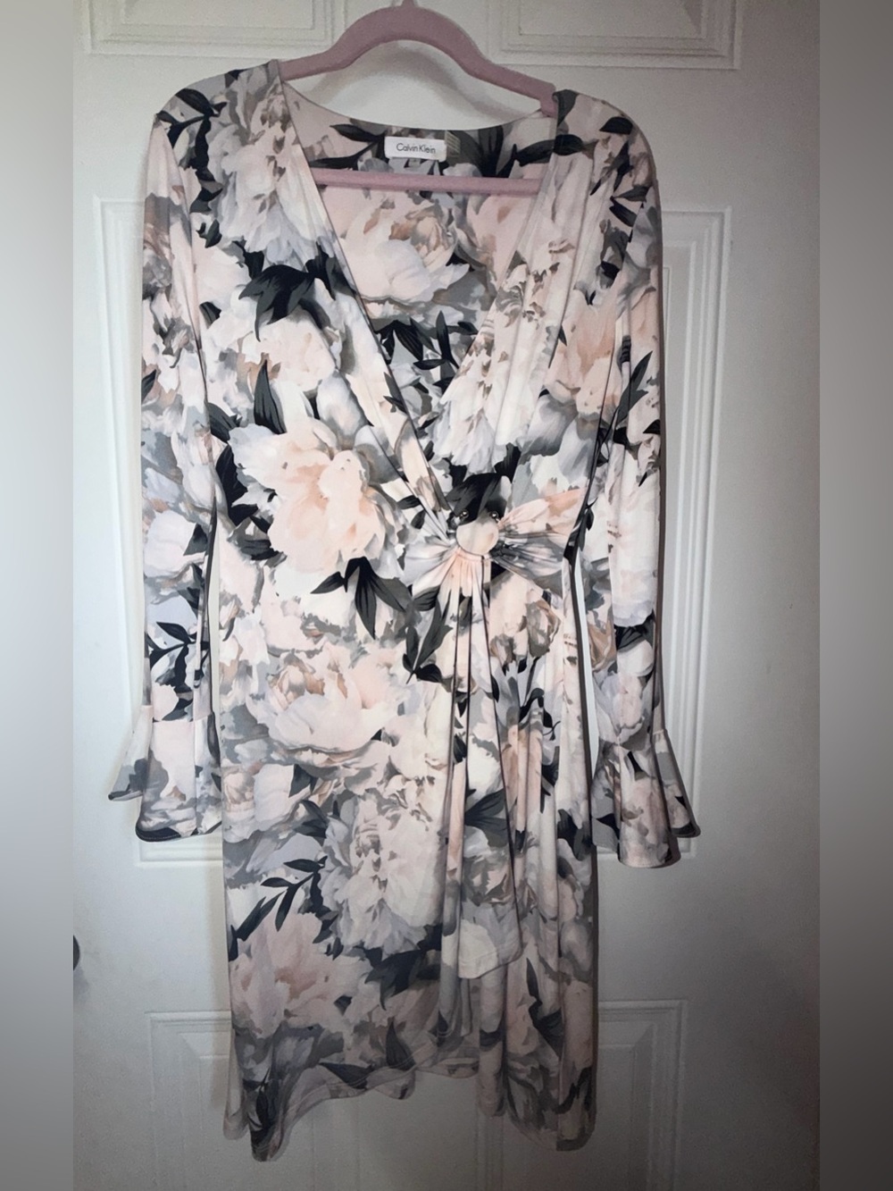 Calvin Klein Blush Pink and Gray Floral Wrap Dress